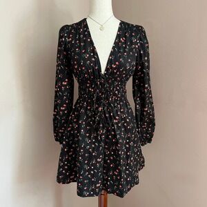 WAYF Black Floral Long Sleeve Smocked Waist Mini Dress Size XS